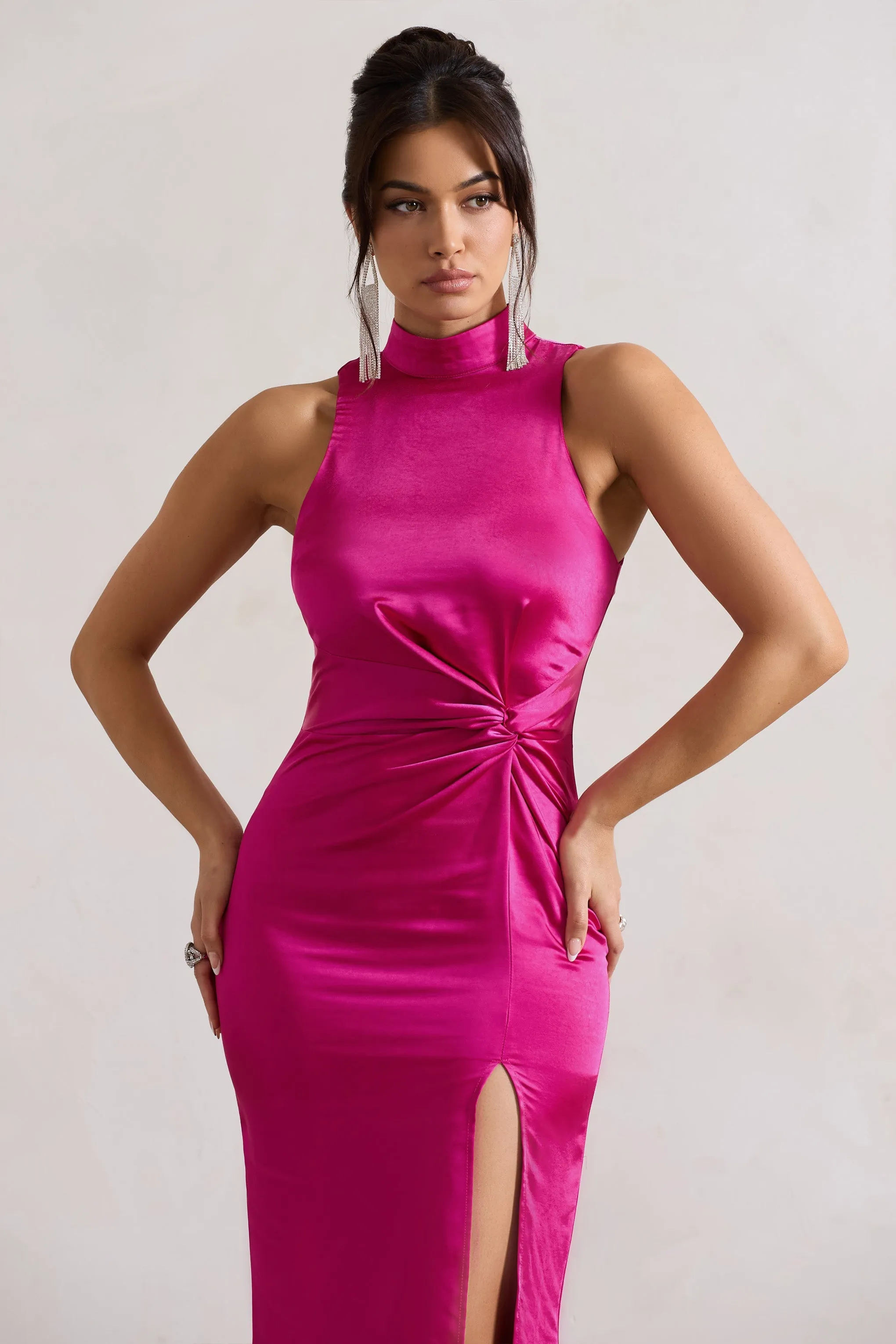 Zoe | Dark Pink Satin Twist Split Maxi Dress With Feather Trim sold by Club L London product image thumbnail 2