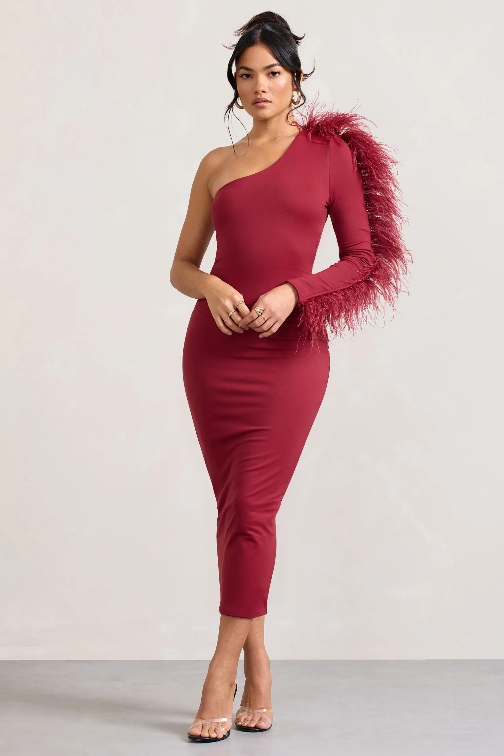 Wild One | Burgundy One-Shoulder Bodycon Midi Dress With Feather-Trimmed Sleeve sold by Club L London