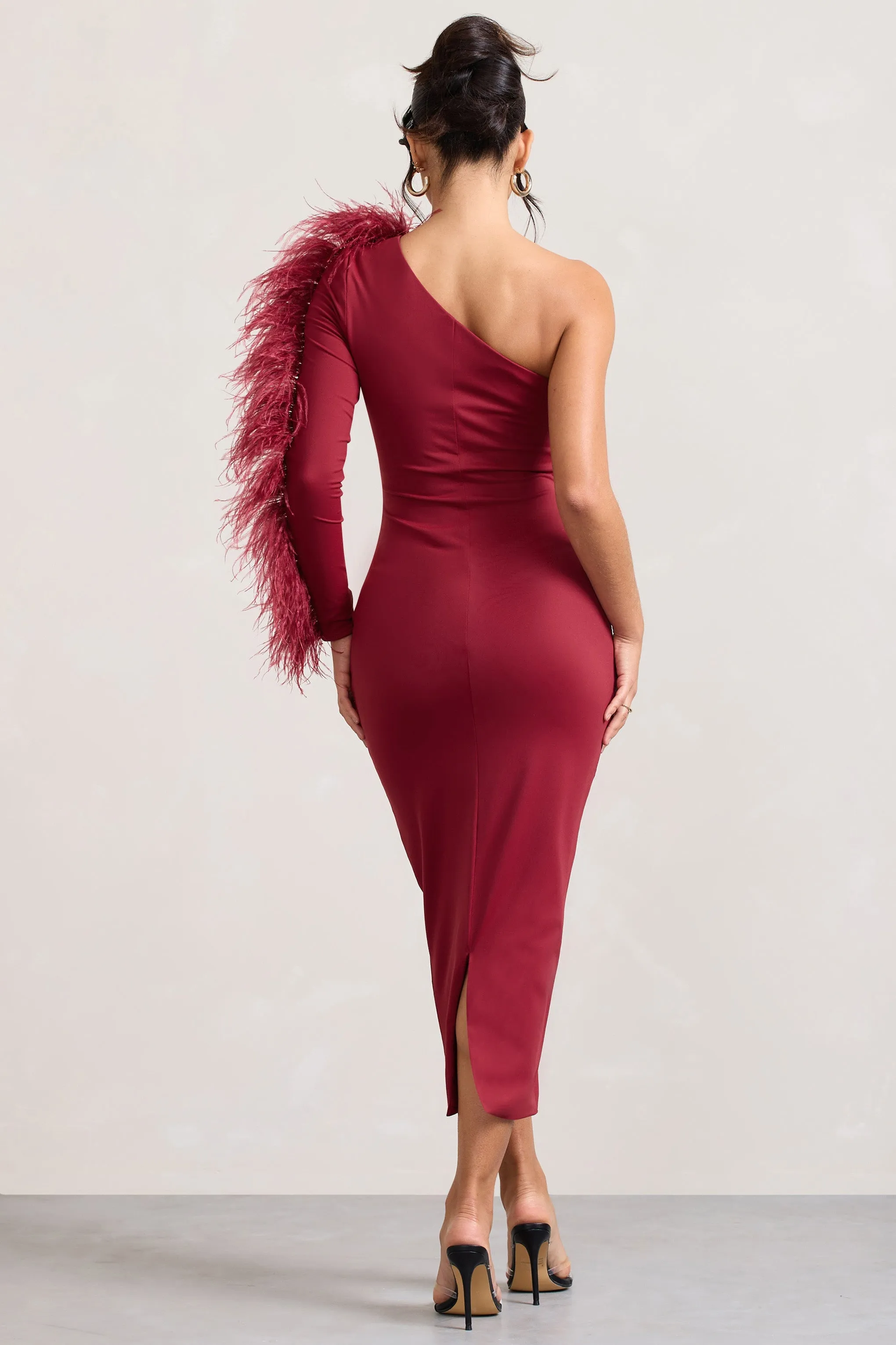 Wild One | Burgundy One-Shoulder Bodycon Midi Dress With Feather-Trimmed Sleeve sold by Club L London product image thumbnail 3