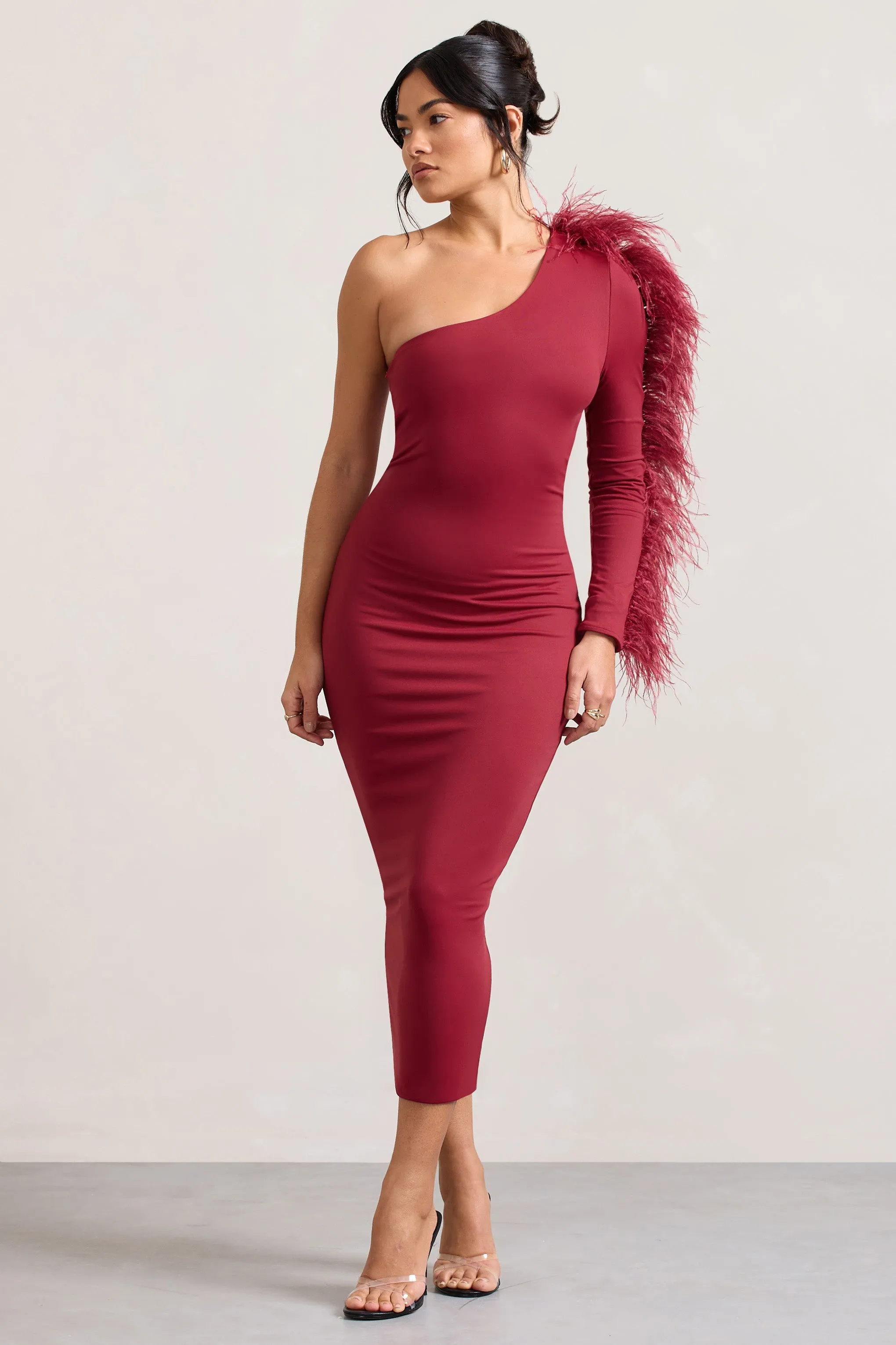 Wild One | Burgundy One-Shoulder Bodycon Midi Dress With Feather-Trimmed Sleeve sold by Club L London product image thumbnail 4