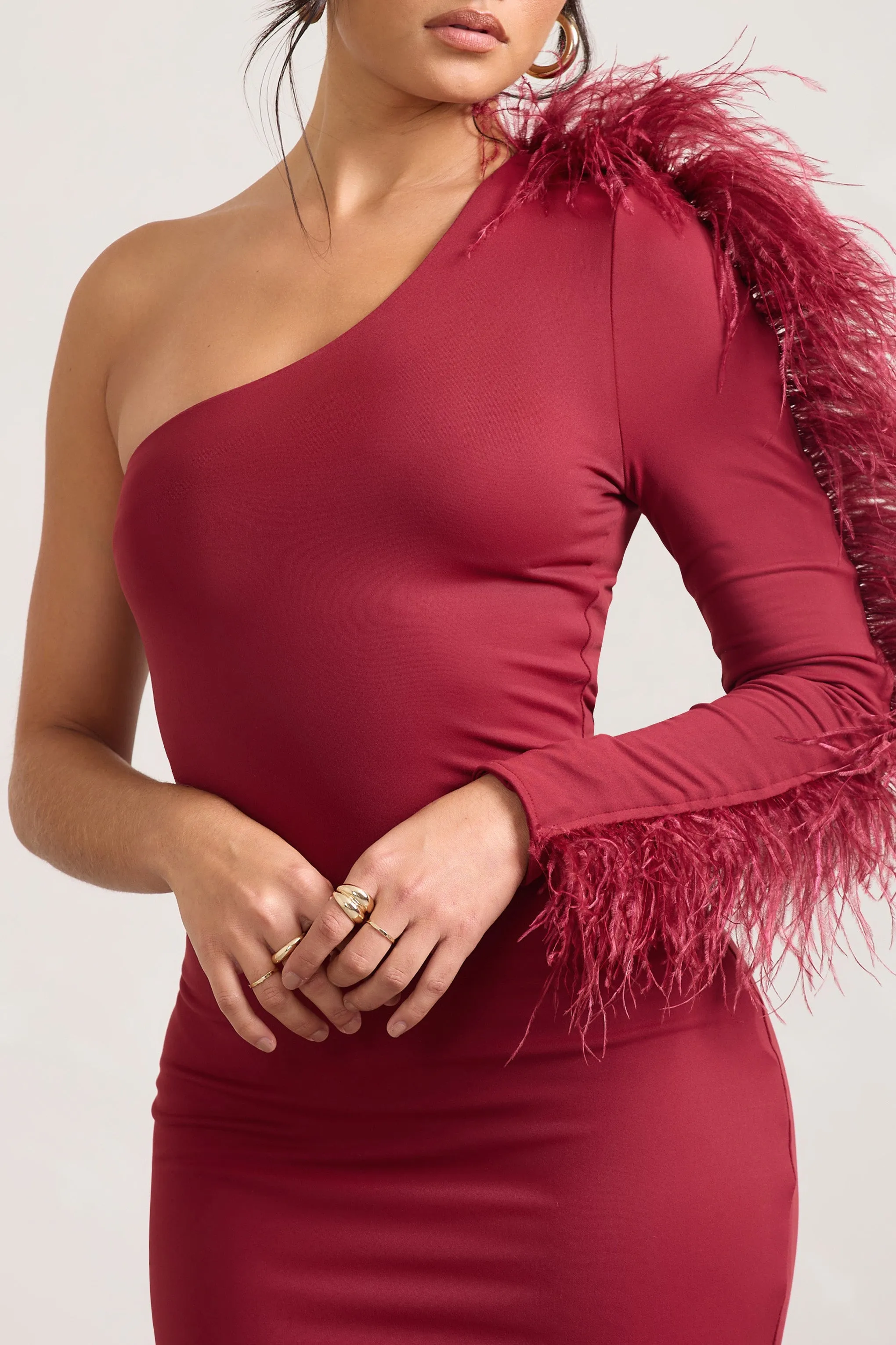 Wild One | Burgundy One-Shoulder Bodycon Midi Dress With Feather-Trimmed Sleeve sold by Club L London product image thumbnail 2