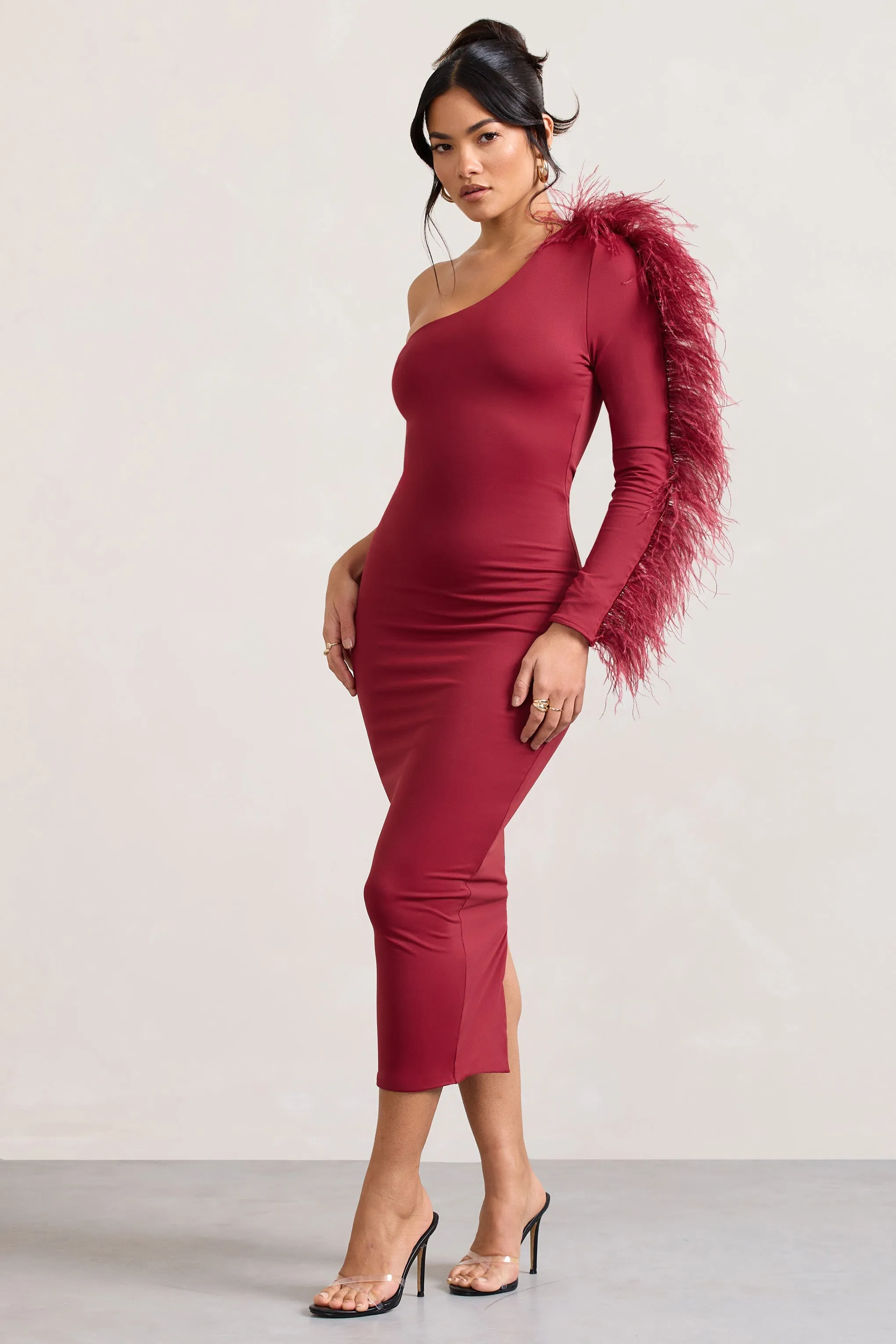 Wild One | Burgundy One-Shoulder Bodycon Midi Dress With Feather-Trimmed Sleeve sold by Club L London product image thumbnail 5