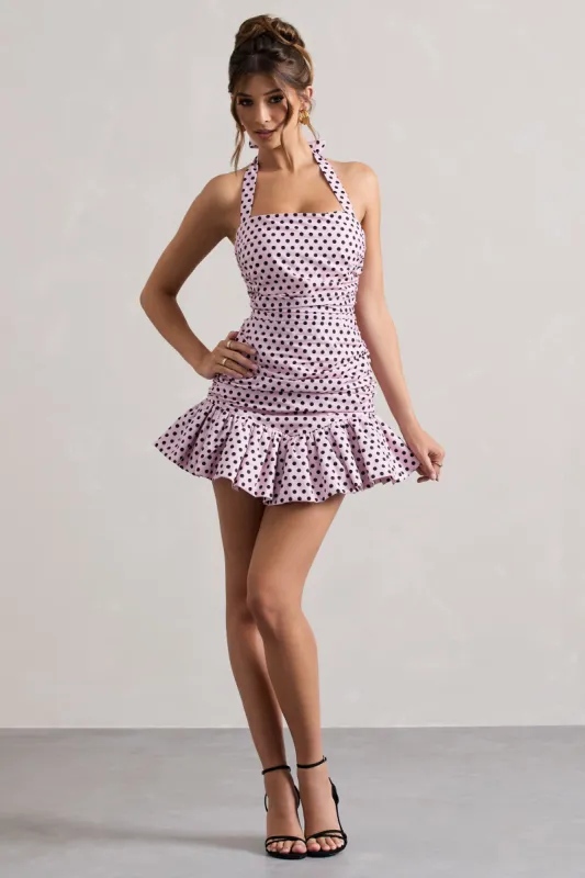 Zahra | Pink & Black Polka Dot Halter-Neck Ruched Mini Dress With Ruffle Hem sold by Club L London