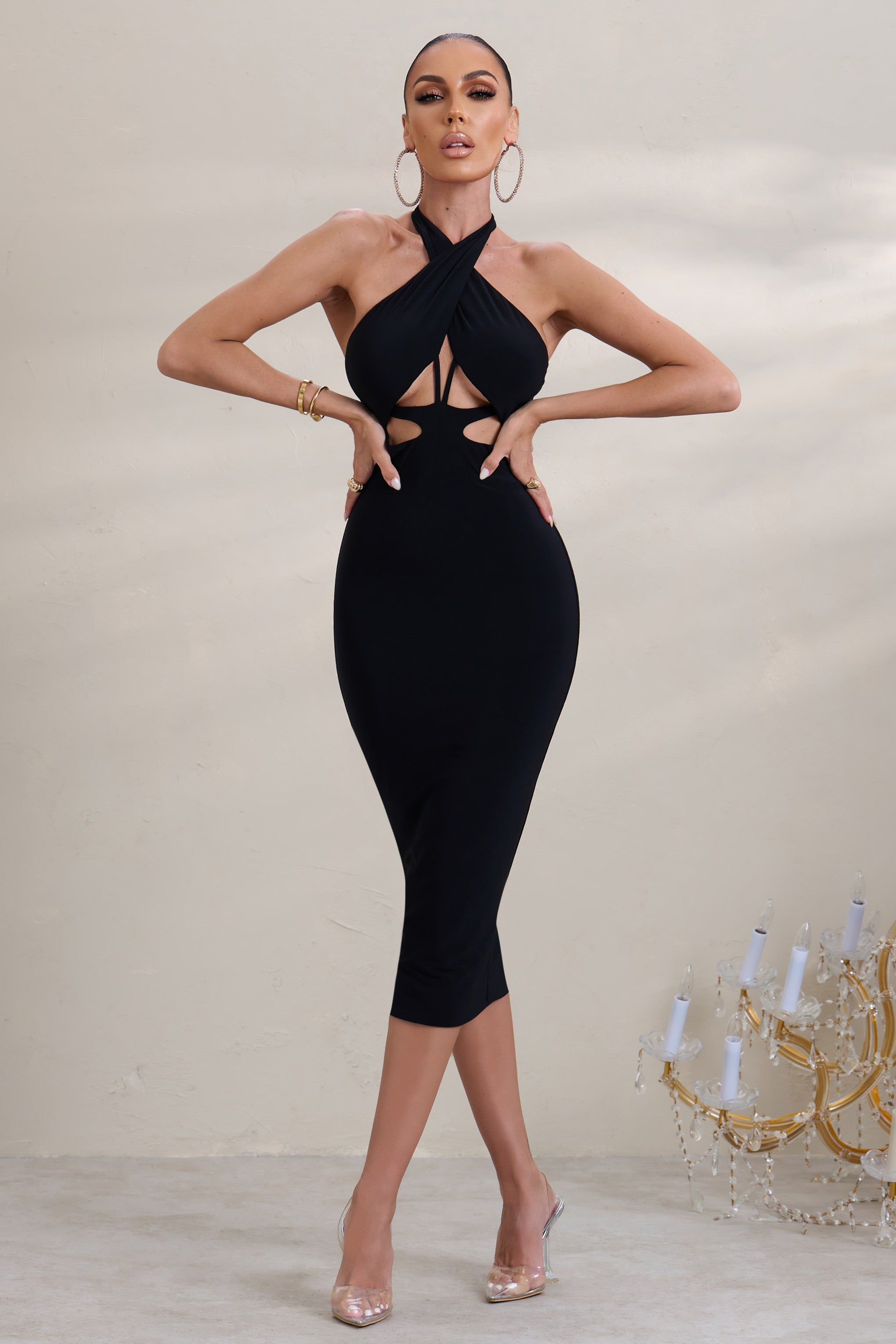 Valetta | Black Halter Neck Cut Out Midi Dress sold by Club L London