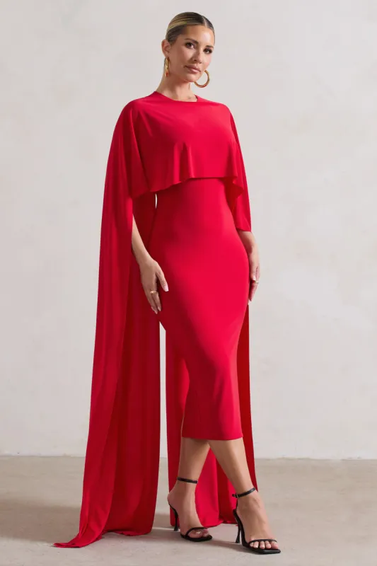 Camellia | Red Midi Dress With High-Low Cape sold by Club L London