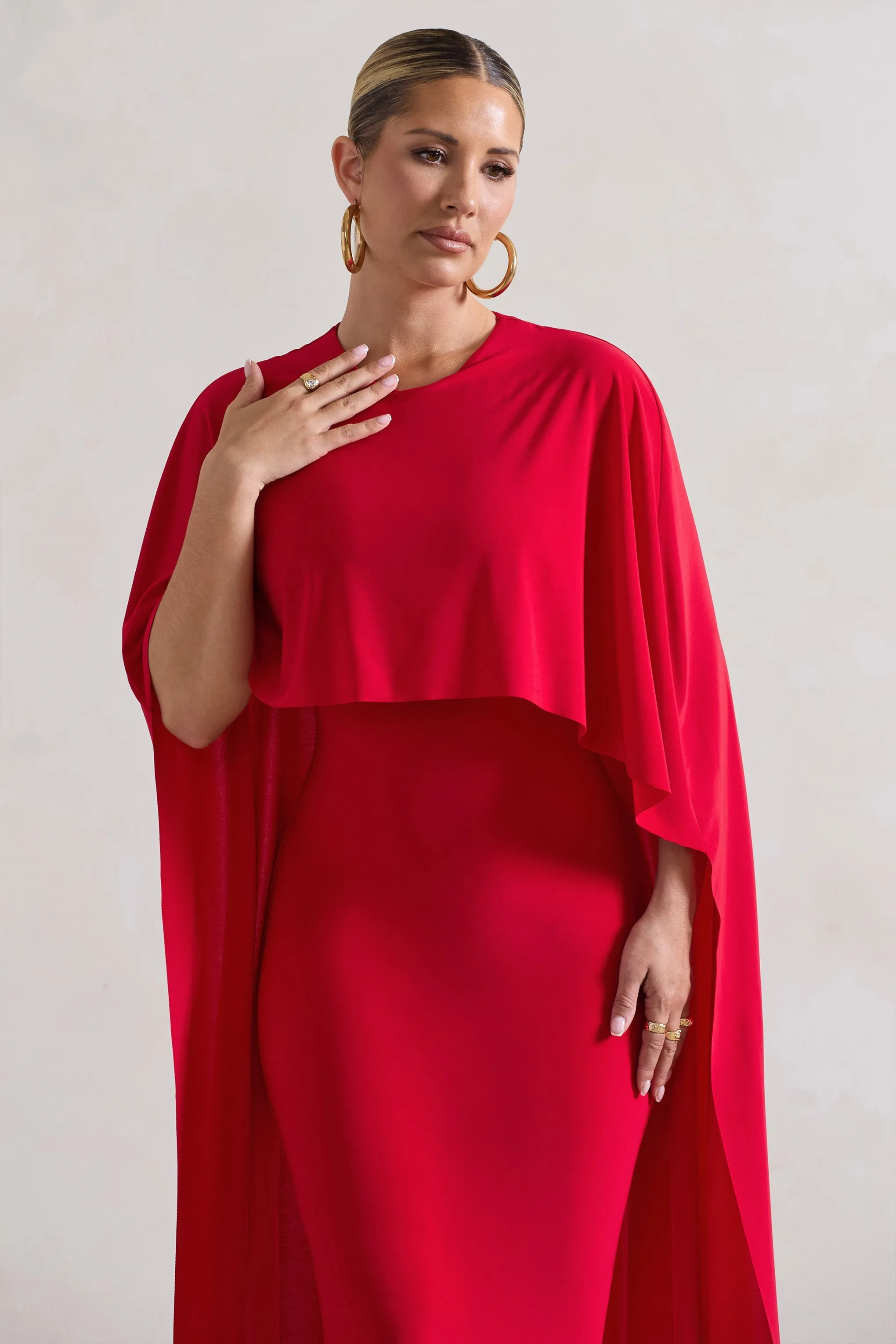 Camellia | Red Midi Dress With High-Low Cape sold by Club L London product image thumbnail 3