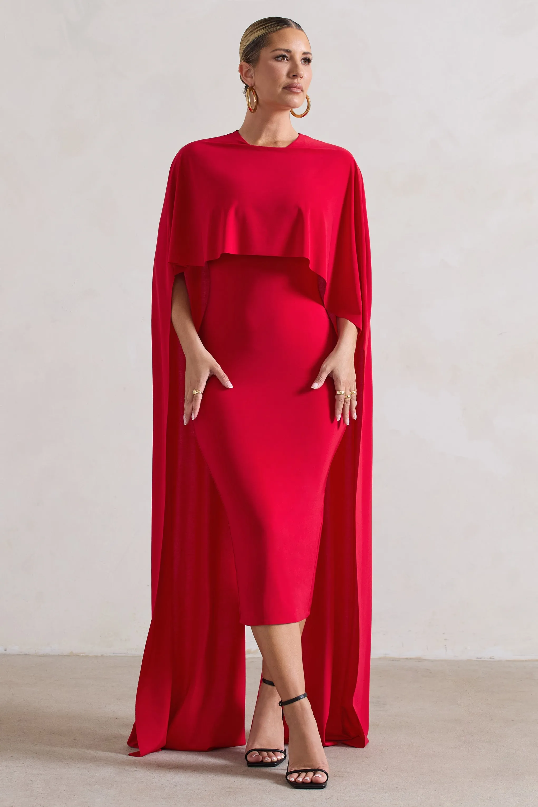 Camellia | Red Midi Dress With High-Low Cape sold by Club L London product image thumbnail 5