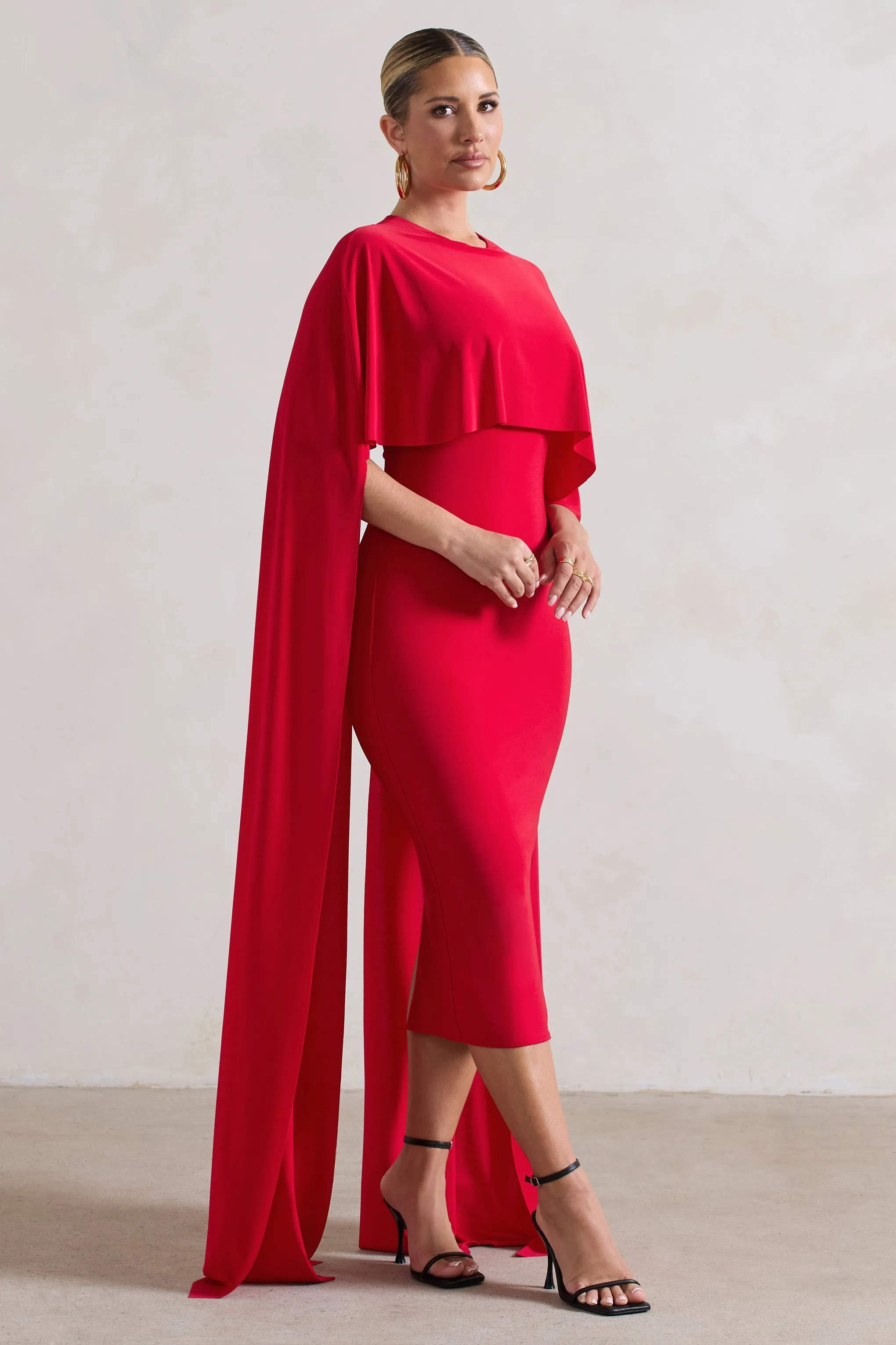 Camellia | Red Midi Dress With High-Low Cape sold by Club L London product image thumbnail 4