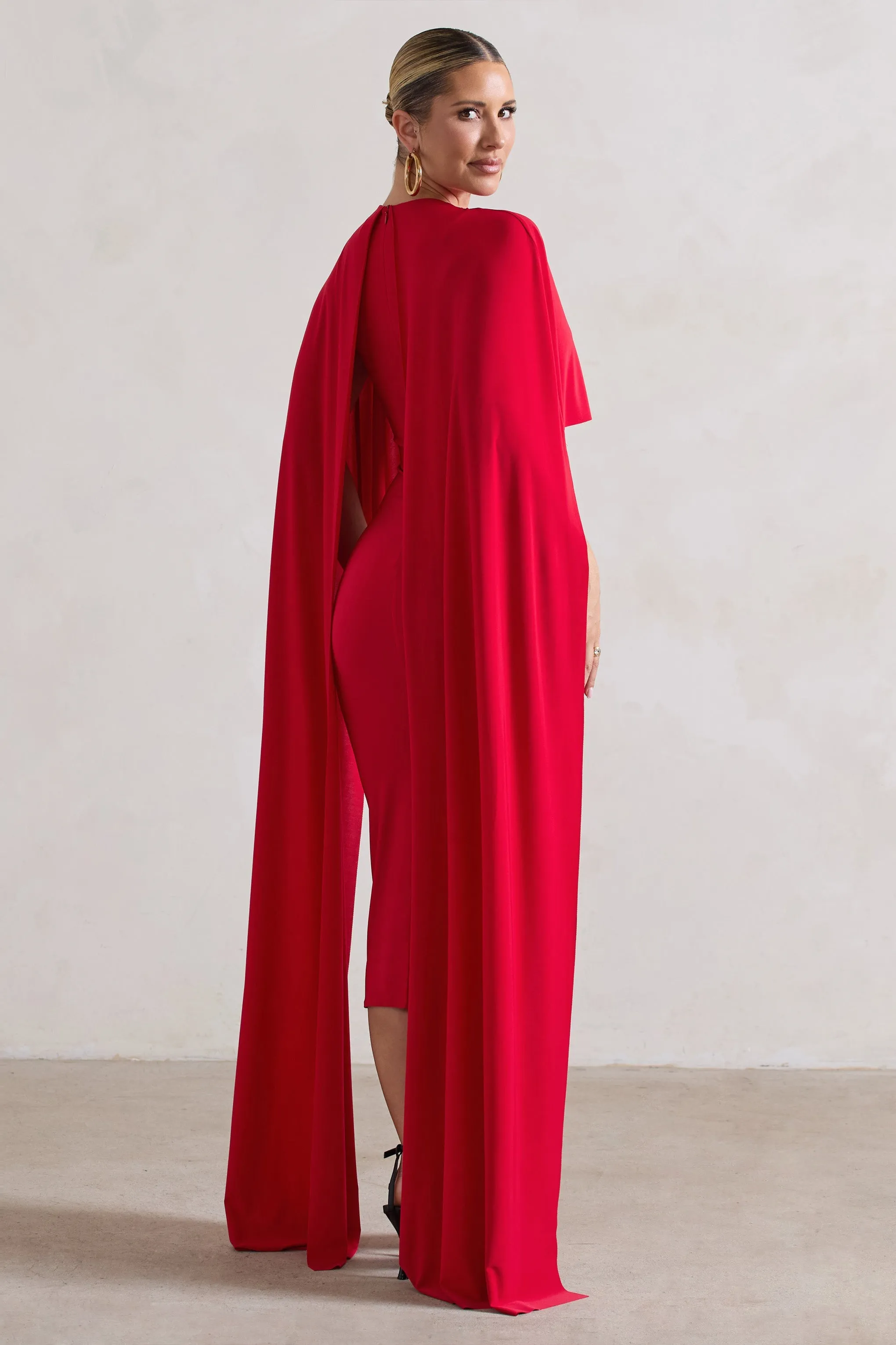 Camellia | Red Midi Dress With High-Low Cape sold by Club L London product image thumbnail 2
