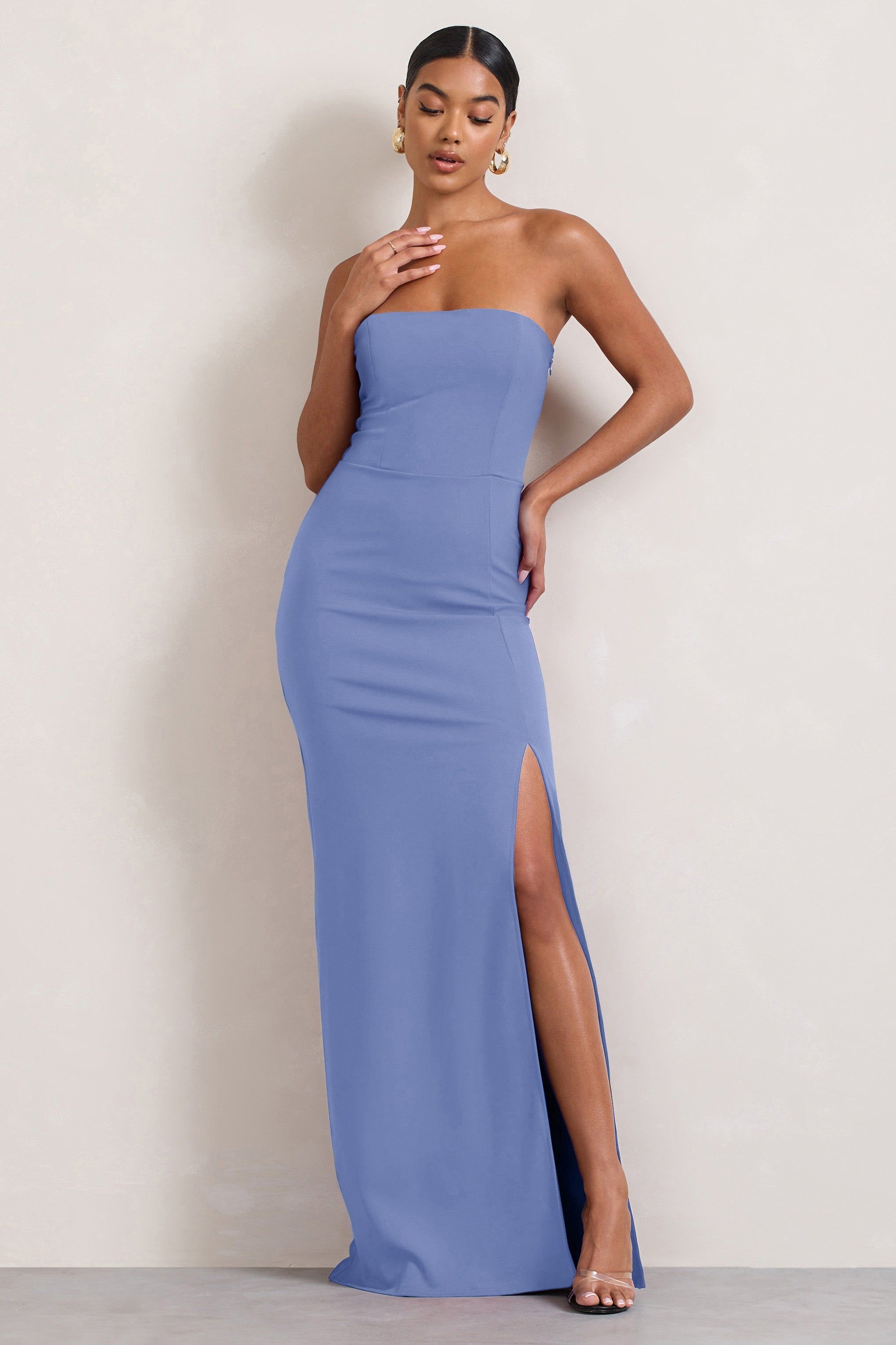 Belle of The Ball | Powder Blue Bandeau Maxi Dress With Split Hem sold by Club L London product image thumbnail 5