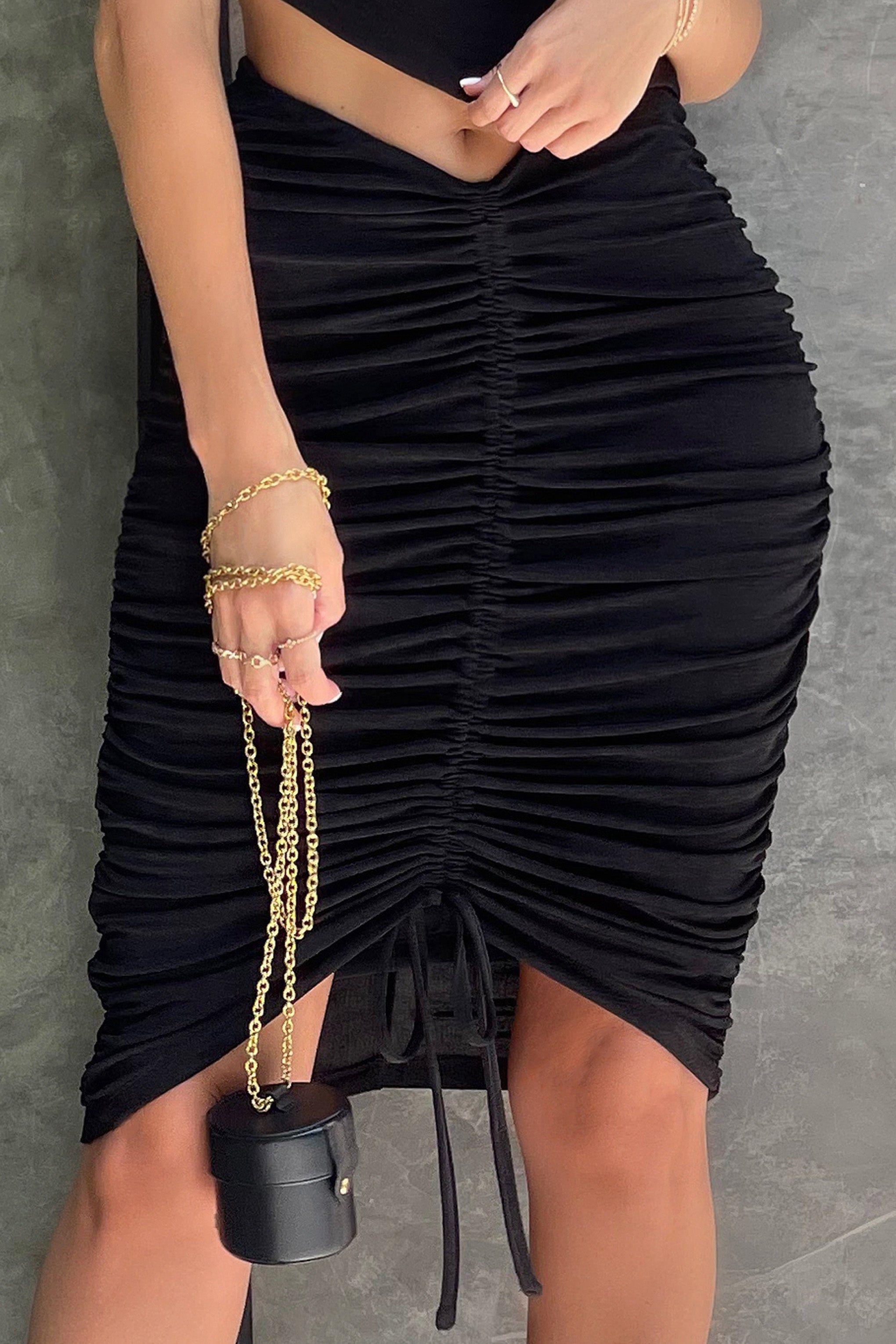 Truth | Black Ruched Bodycon Midi Skirt With Tie Detail sold by Club L London product image thumbnail 5