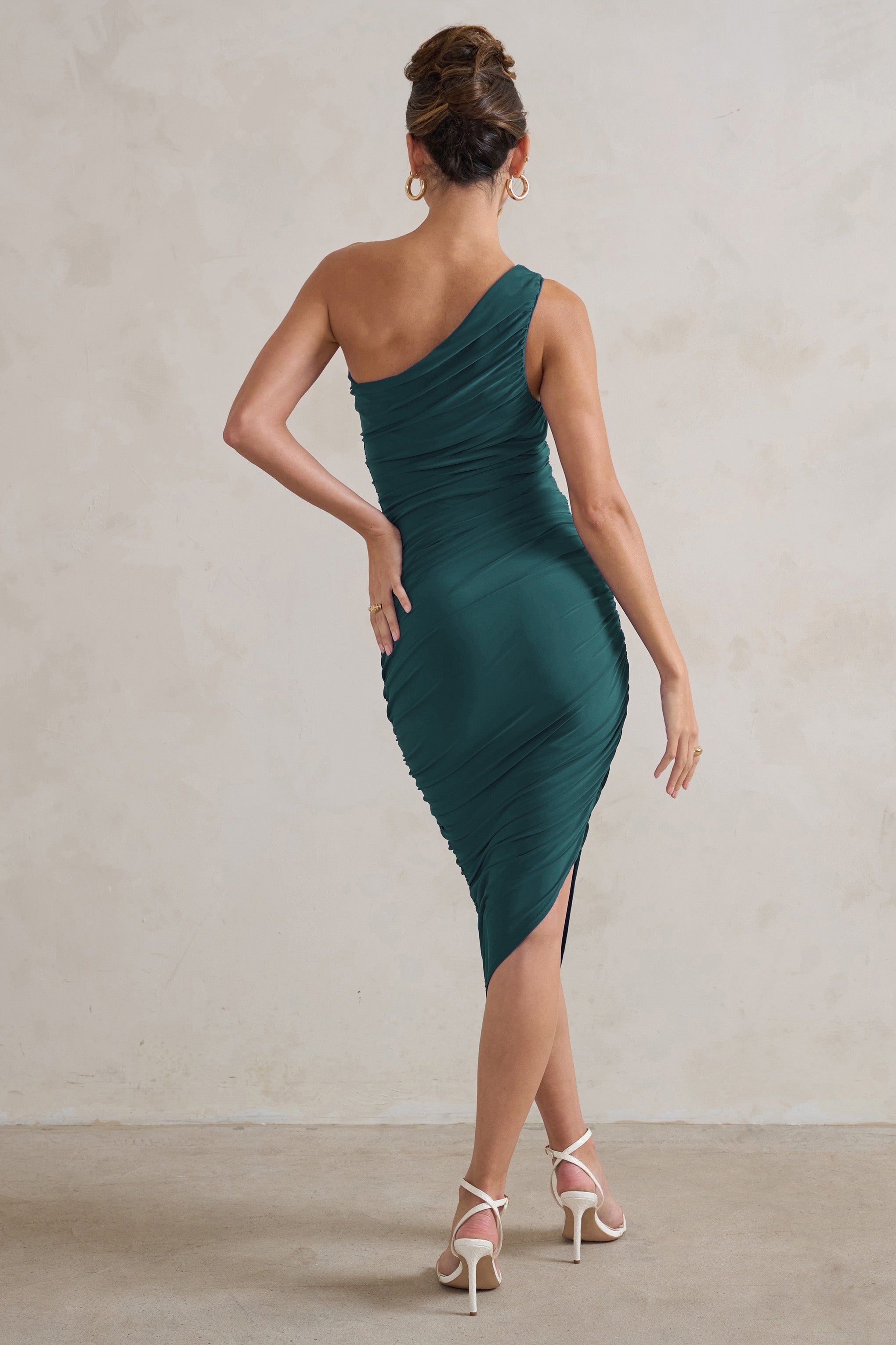 Dorit | Bottle Green One Shoulder Asymmetric Ruched Midi Dress sold by Club L London product image thumbnail 2