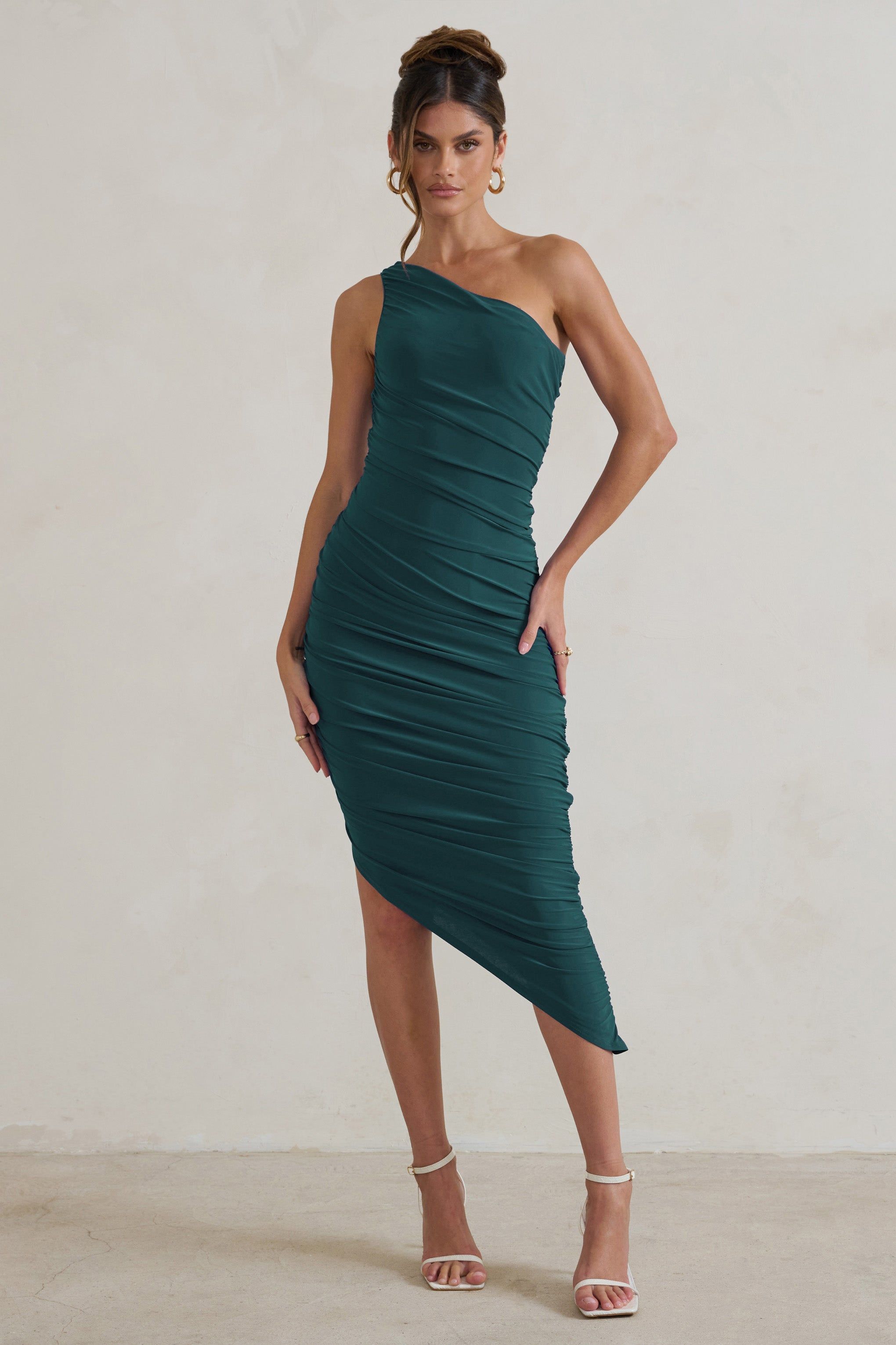 Dorit | Bottle Green One Shoulder Asymmetric Ruched Midi Dress sold by Club L London product image thumbnail 4