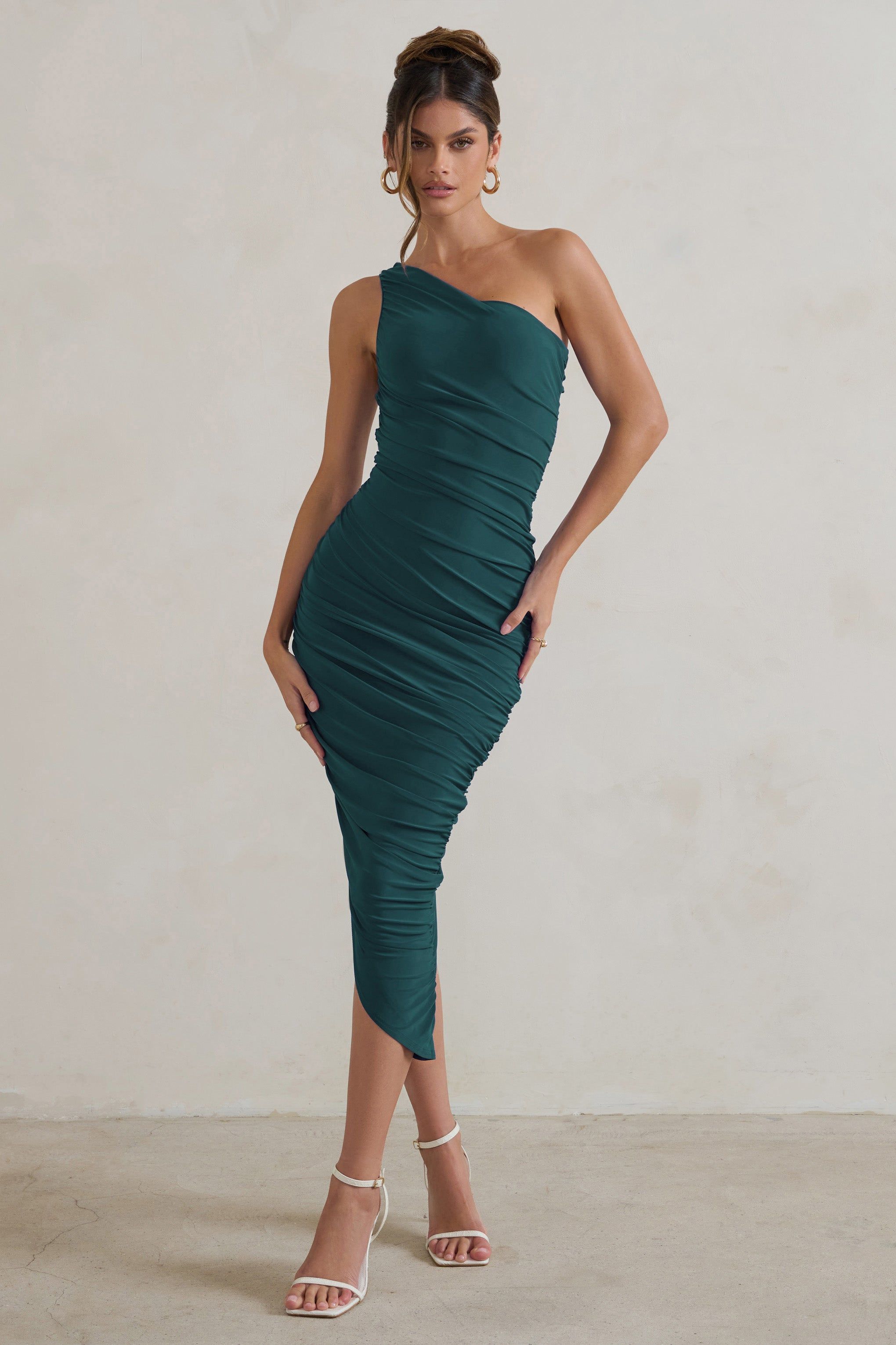 Dorit | Bottle Green One Shoulder Asymmetric Ruched Midi Dress sold by Club L London
