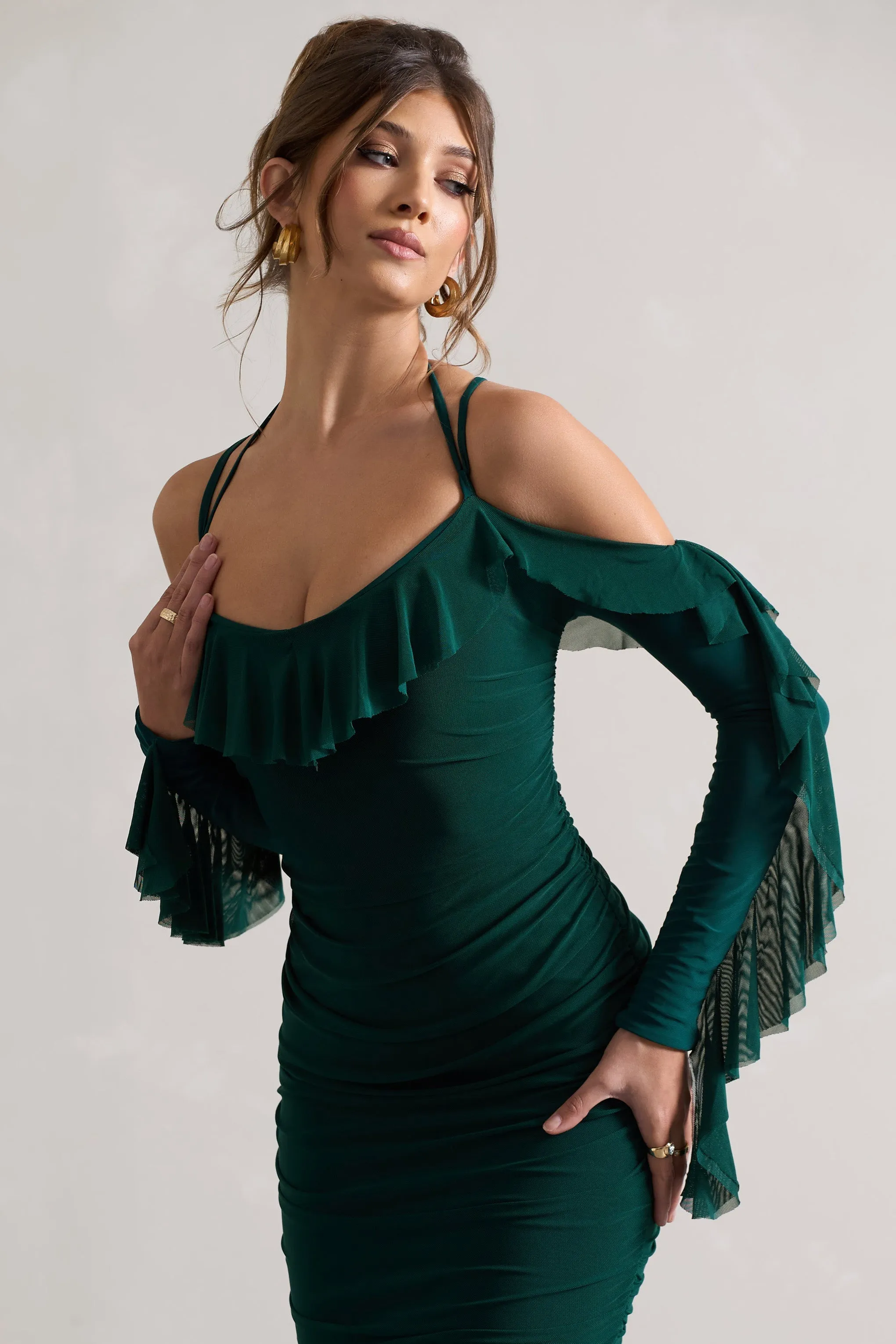 Quinn | Bottle Green Ruched Strappy Long-Sleeved Midi Dress With Ruffles sold by Club L London product image thumbnail 3