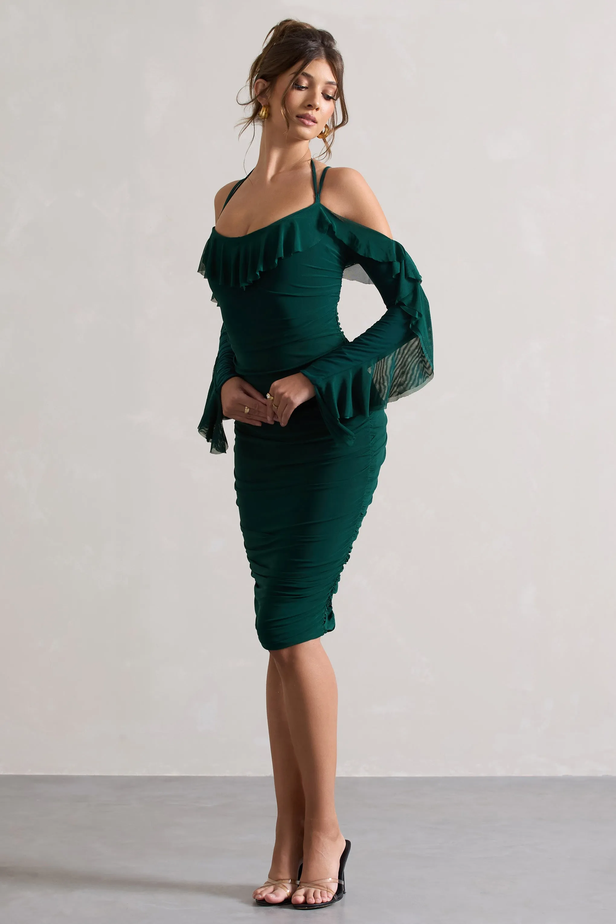 Quinn | Bottle Green Ruched Strappy Long-Sleeved Midi Dress With Ruffles sold by Club L London product image thumbnail 5
