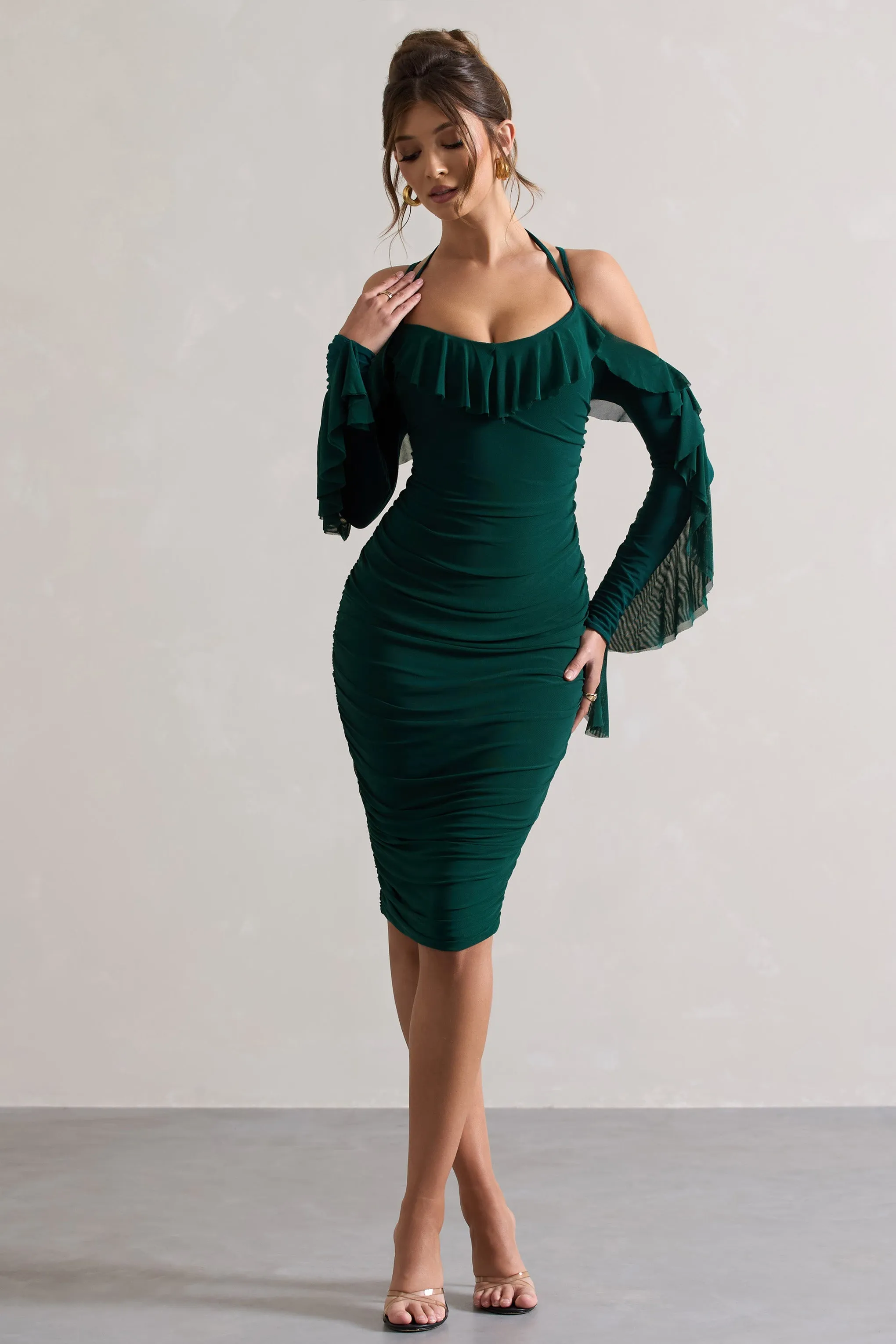 Quinn | Bottle Green Ruched Strappy Long-Sleeved Midi Dress With Ruffles sold by Club L London product image thumbnail 4
