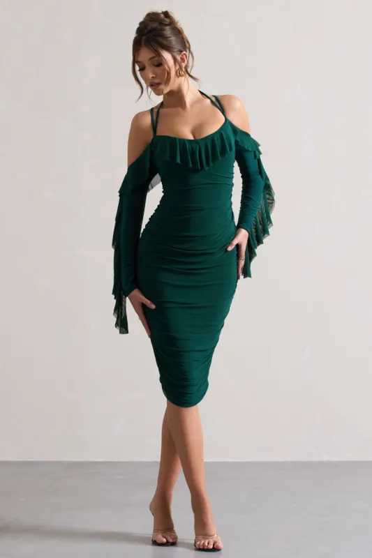 Quinn | Bottle Green Ruched Strappy Long-Sleeved Midi Dress With Ruffles sold by Club L London