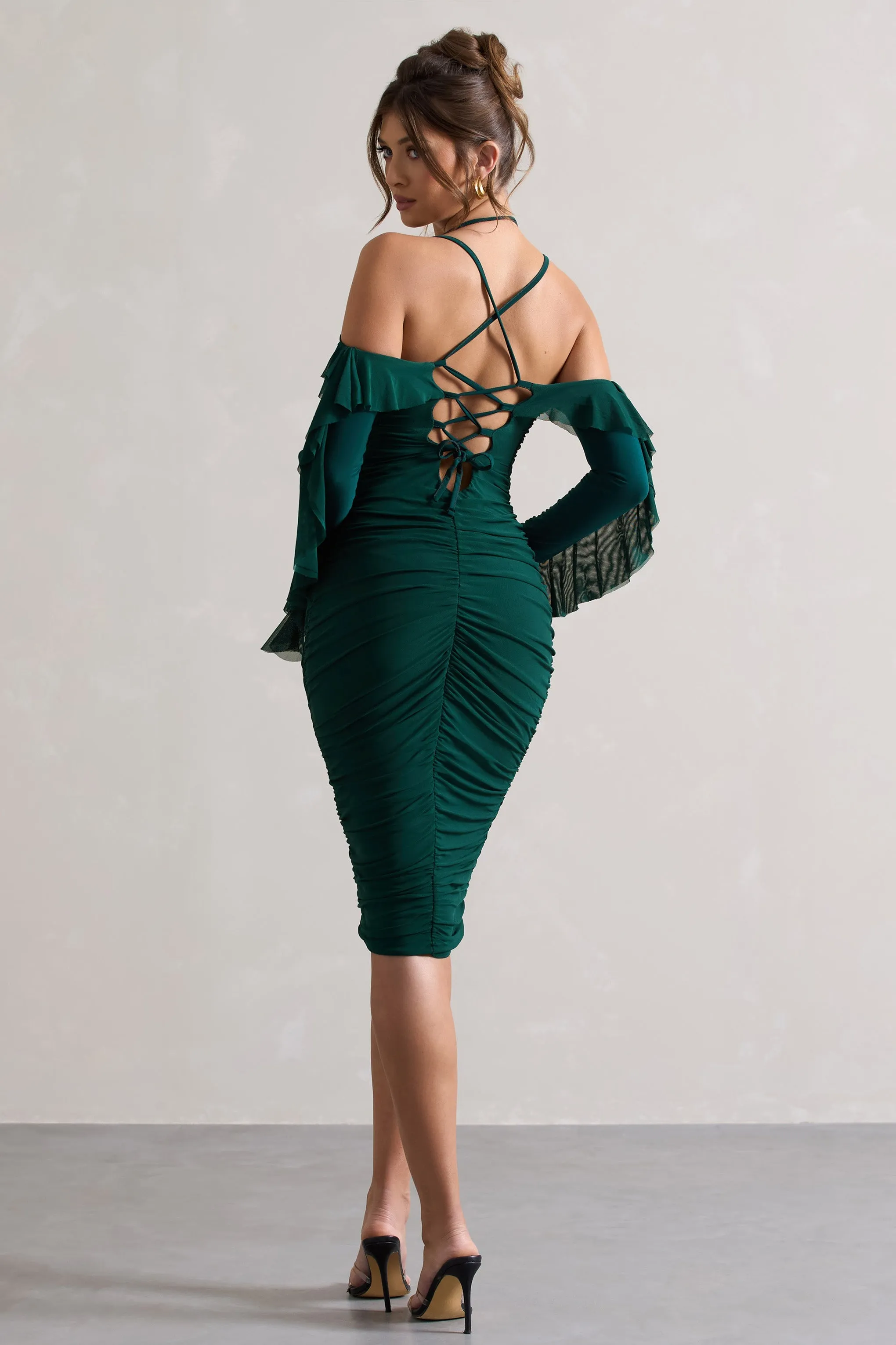Quinn | Bottle Green Ruched Strappy Long-Sleeved Midi Dress With Ruffles sold by Club L London product image thumbnail 2