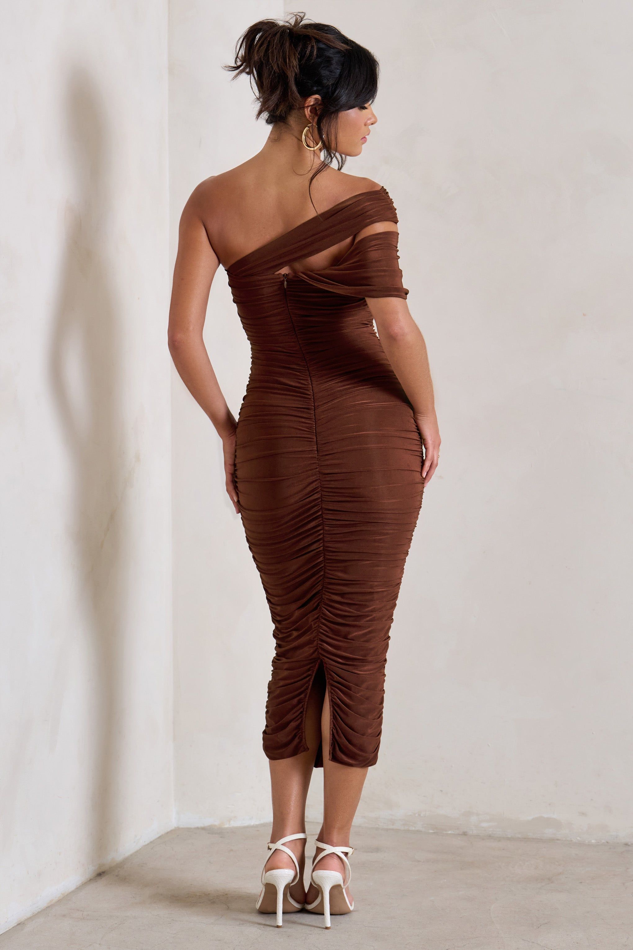 Cici | Brown Asymmetric One Shoulder Ruched Midi Dress sold by Club L London product image thumbnail 3