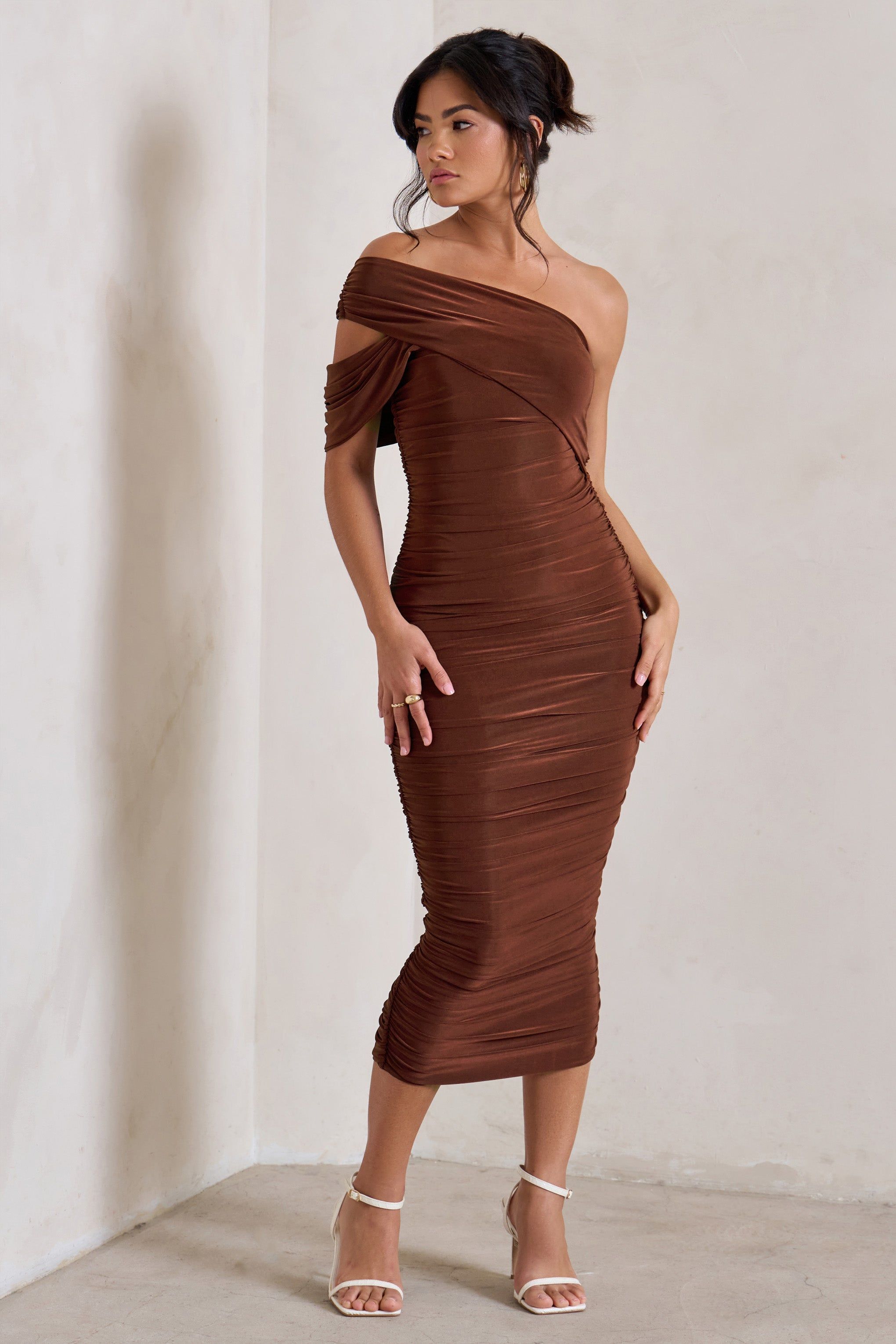 Cici | Brown Asymmetric One Shoulder Ruched Midi Dress sold by Club L London