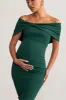 Alyssa | Bottle Green Bardot Bow Maternity Midi Dress with Ruching sold by Club L London