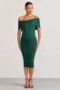 Alyssa | Bottle Green Bardot Bow Maternity Midi Dress with Ruching sold by Club L London
