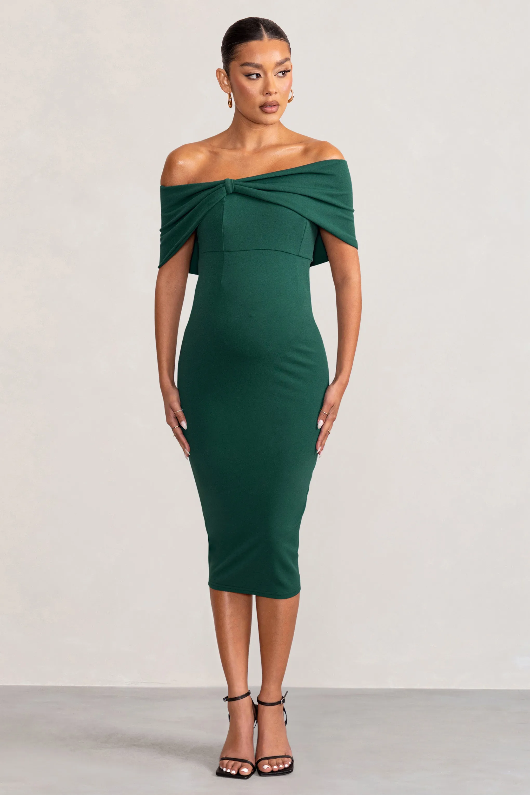 Alyssa | Bottle Green Bardot Bow Maternity Midi Dress with Ruching sold by Club L London product image thumbnail 5