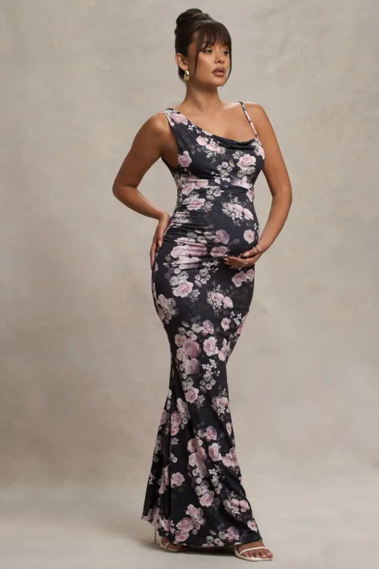 Phantasy | Black Floral Maternity Cowl Neck Maxi Dress sold by Club L London