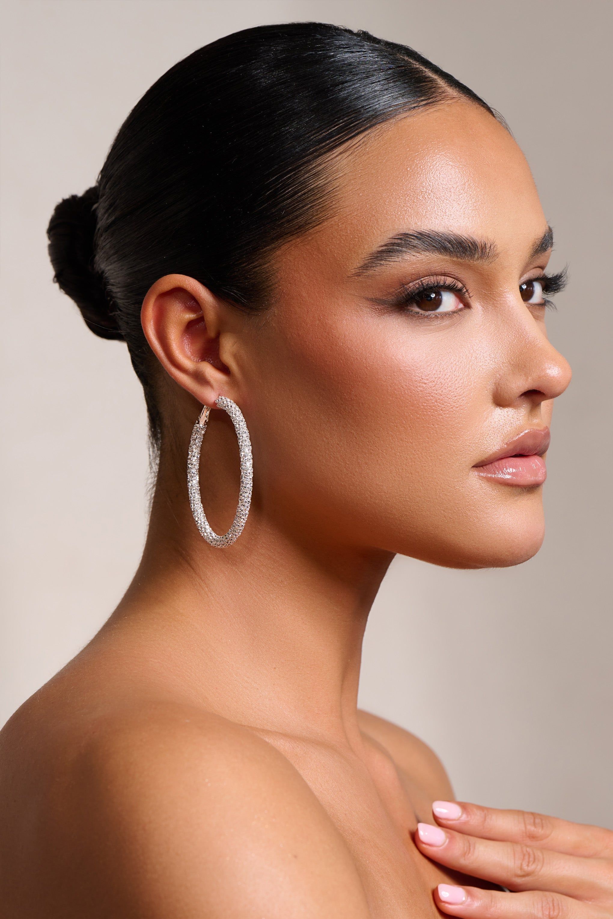 Annie | Silver Diamante Hoop Earrings sold by Club L London product image thumbnail 3