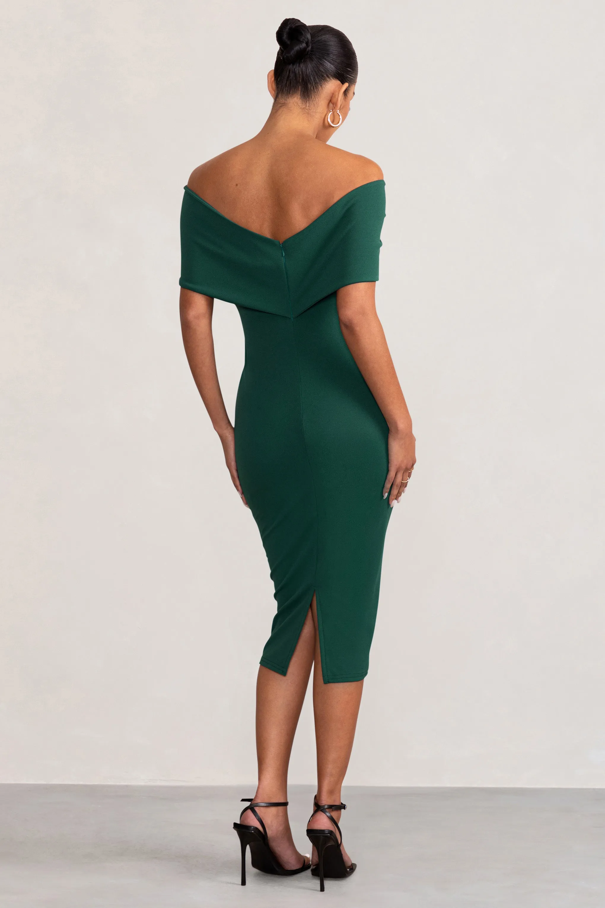 Alyssa | Bottle Green Bardot Bow Maternity Midi Dress with Ruching sold by Club L London product image thumbnail 2