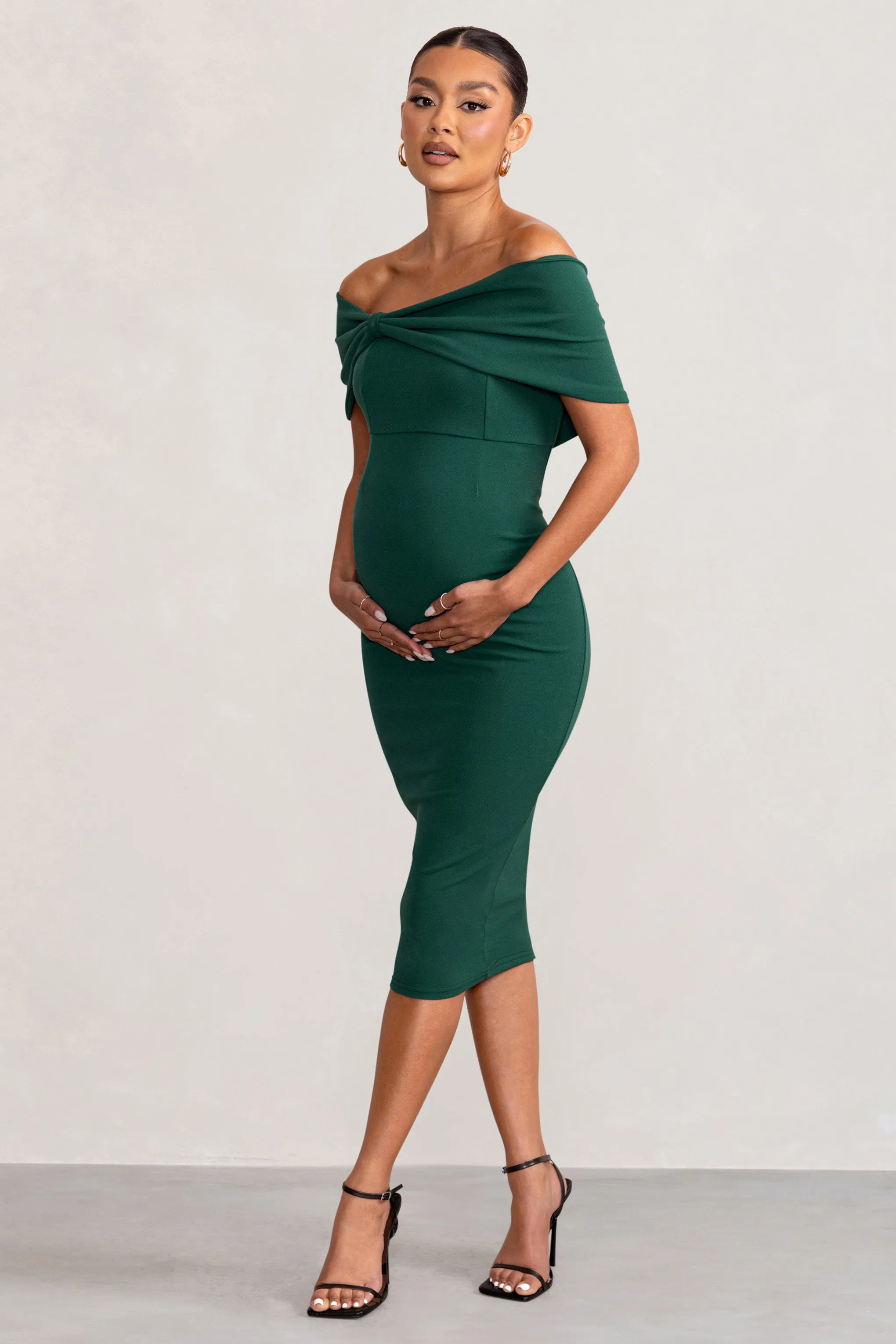 Alyssa | Bottle Green Bardot Bow Maternity Midi Dress with Ruching sold by Club L London product image thumbnail 4