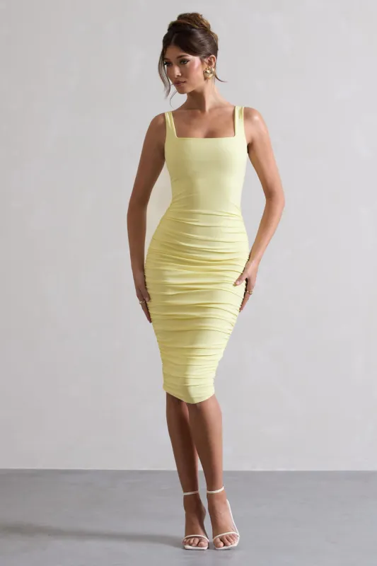 Lisbon | Lemon Square Neck Ruched Midi Dress made by Club L London
