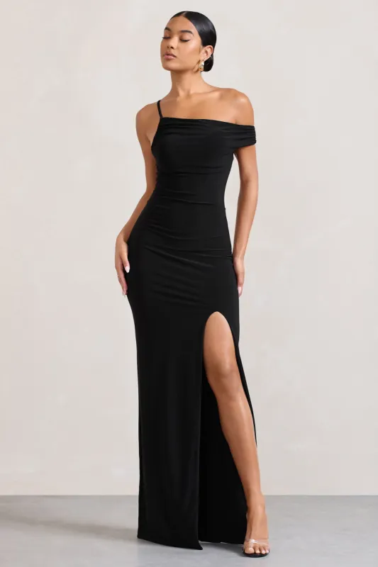 On Film | Black Asymmetric Strappy Split Maxi Dress sold by Club L London