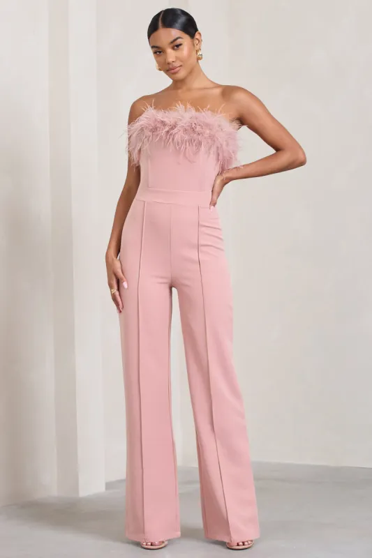First Class | Pink Bandeau Feather Wide Leg Jumpsuit sold by Club L London