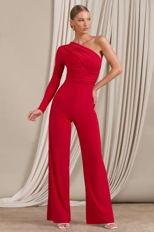 Mila | Red One Shoulder Ruched Wide Leg Jumpsuit sold by Club L London