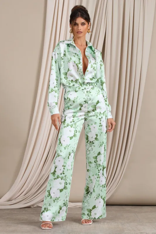 No Limits | White & Green Floral Print Satin Wide Leg Trousers sold by Club L London
