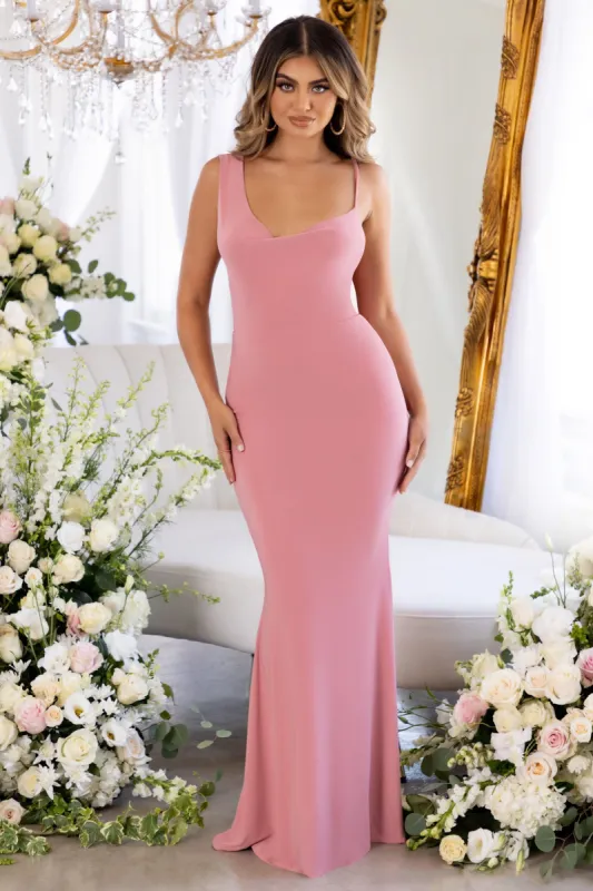 Dream of Me | Nude Asymmetric Neckline Cowl Maxi Dress sold by Club L London