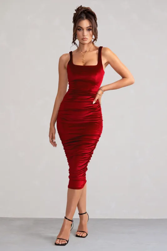 Beauty | Berry Velvet Square Neck Bodycon Midi Dress sold by Club L London