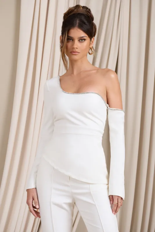 Lena | White Asymmetric Top With Diamante Trim sold by Club L London