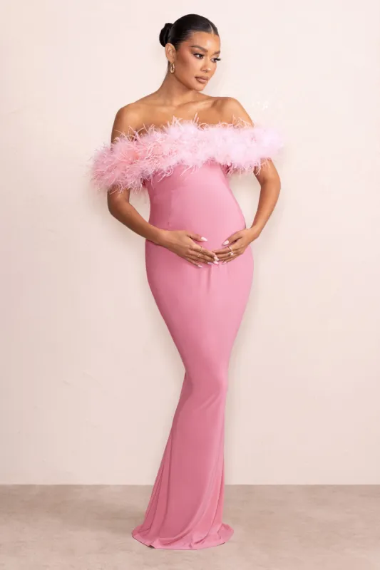Adaline | Blush Maternity Maxi Dress with Feather Trim Bardot Neckline sold by Club L London