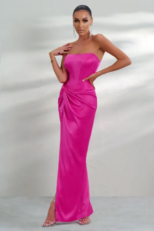 Romancing | Hot Pink Satin Bandeau Corset Maxi Dress With Thigh Split sold by Club L London