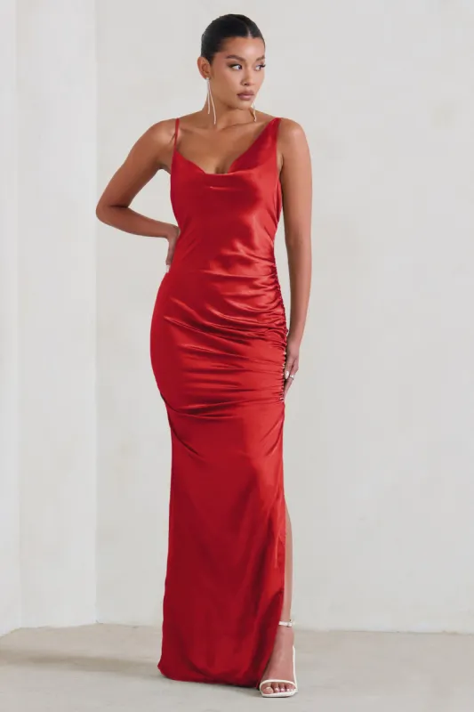 Belonging | Red Ruched Cowl Maxi Dress sold by Club L London