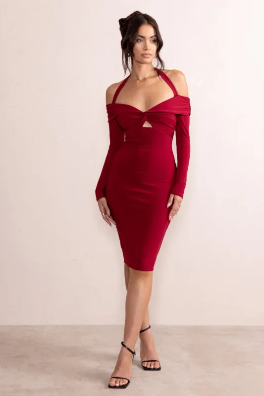 Aneira | Burgundy Bardot Twist Front Halter Neck Midi Dress With Long Sleeves sold by Club L London