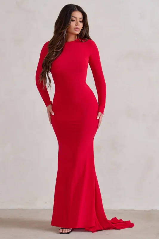 One Step Ahead | Red Long Sleeve Backless Fishtail Maxi Dress sold by Club L London