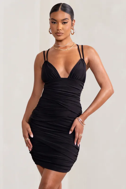 Bellamy | Black Ruched Double Strap Mini Dress sold by Club L London