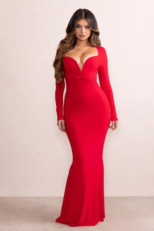 Leah | Red Plunge Sweetheart Neckline Fishtail Maxi Dress With Twist Front Detail sold by Club L London