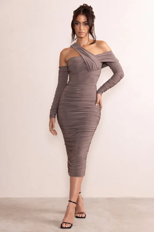 Elodie | Mocha Asymmetric Bardot Gathered Ruched Midi Dress With Long Sleeves sold by Club L London