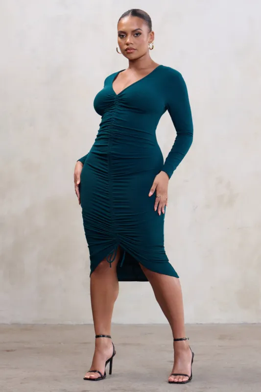 Centre Of Attention | Plus Bottle Green Long Sleeve Ruched Front Midi Dress sold by Club L London