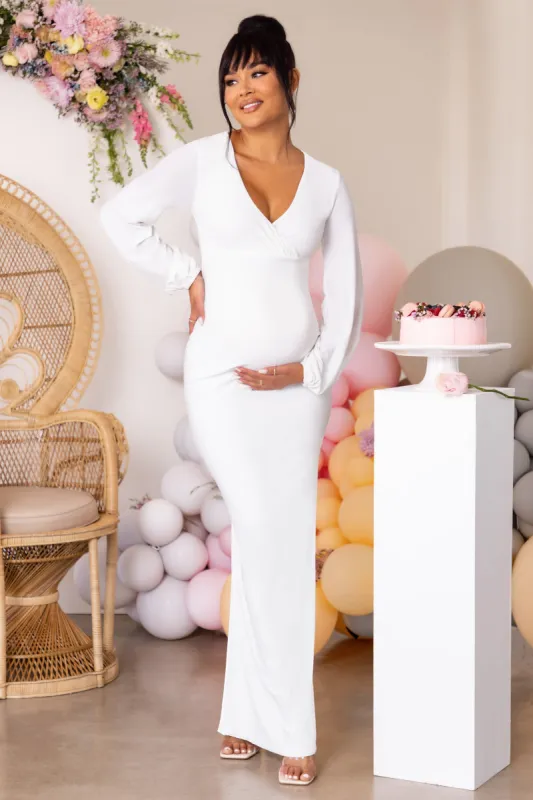 Mum To Be | White Maternity Long Sleeve V Neck Maxi Dress sold by Club L London